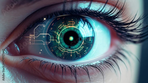 Cyber technology eye panel concept. Human android cyborg eye futuristic concept. Data scanning. Future scientific technology innovation safety science. Artificial intelligence concept. Generative AI