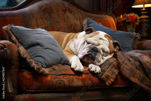 english bulldog dog breed sleeping on couch