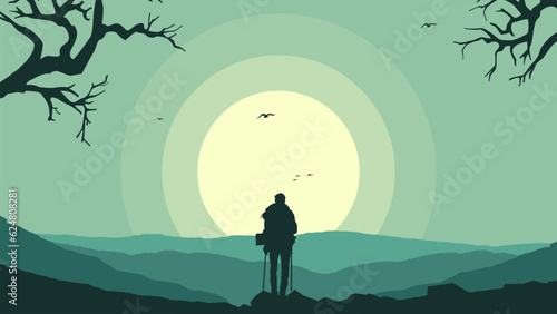 Travelers climb with backpack and travel walking sticks, silhouette of a person in the mountains, a Man hiking in the mountains with backpack, person with backpack for hiking silhouette vector