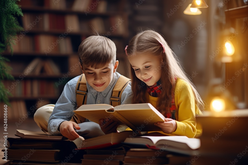 a boy and a girl are reading a book in the library. study .generative ai.