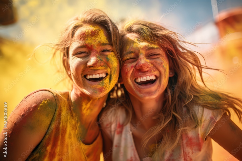 Fototapeta premium Holi festival. women and men in paint are smiling. cheerful young multiethnic friends with colorful paint on clothes and bodies having fun together at holi festival. generative ai.