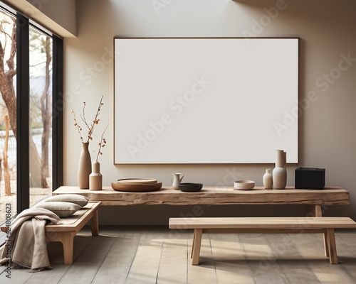 mock up poster frame in modern beige home interior Scandinavian style with bench and cushions