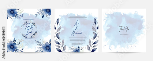 Vintage delicate greeting invitation card template design. Hand drawn blue eucalyptus wedding invitation card template.