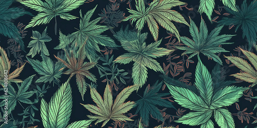 background with seamless pattern with green cannabis marijuana leaves. Generative AI