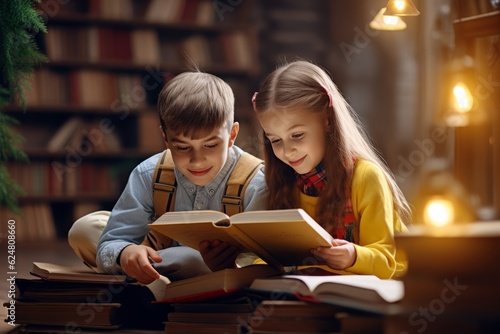 Obraz na płótnie a boy and a girl are reading a book in the library. study .generative ai. w salonie