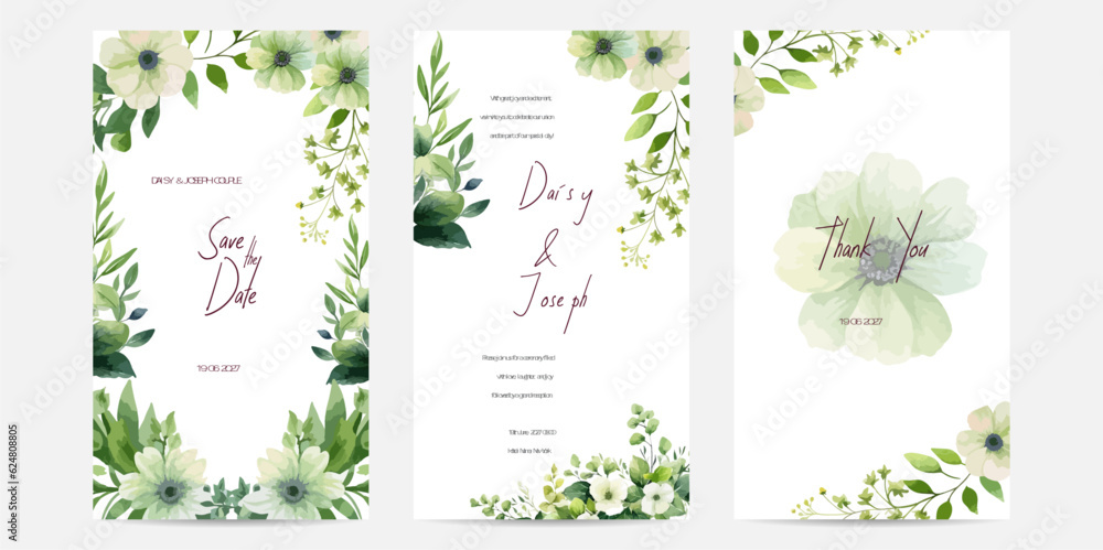 Beautiful wedding invitation card template with white jasmine leaves and flower. Rustic theme wedding card invitation.