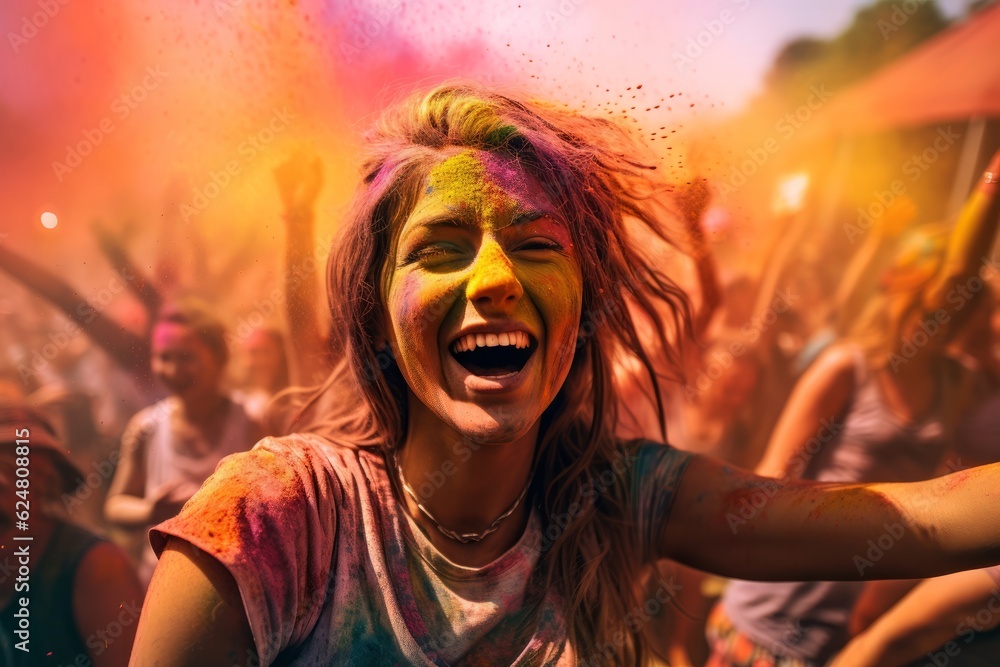 Holi festival. women and men in paint are smiling. cheerful young multiethnic friends with colorful paint on clothes and bodies having fun together at holi festival. generative ai.