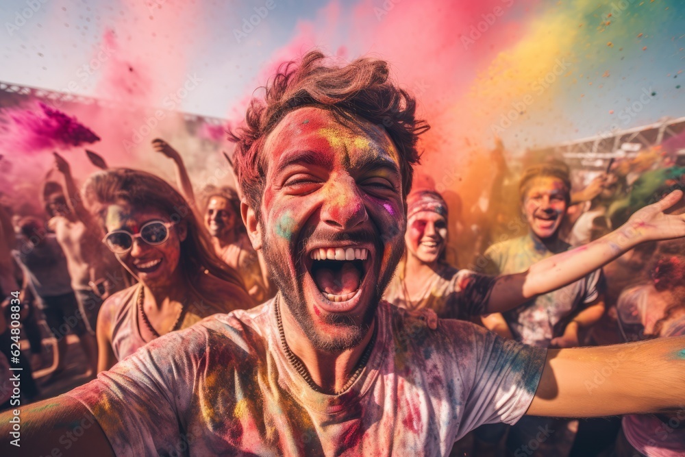 Holi festival. women and men in paint are smiling. cheerful young multiethnic friends with colorful paint on clothes and bodies having fun together at holi festival. generative ai.