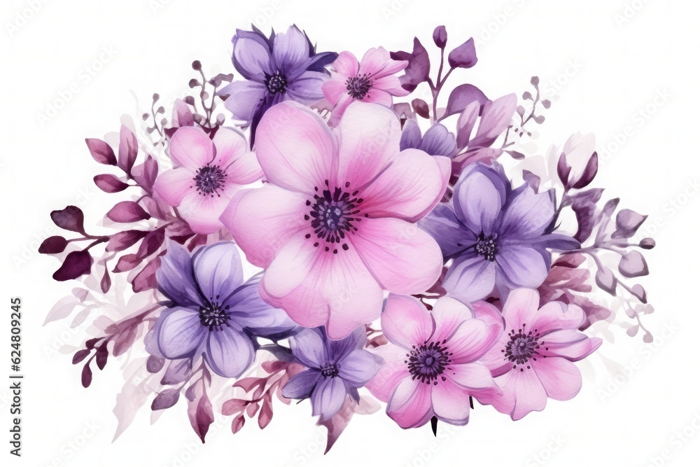 Fototapeta premium Beautiful round bouquet of purple watercolor flowers isolated on a white background. Delicate and enchanting. Generative Ai