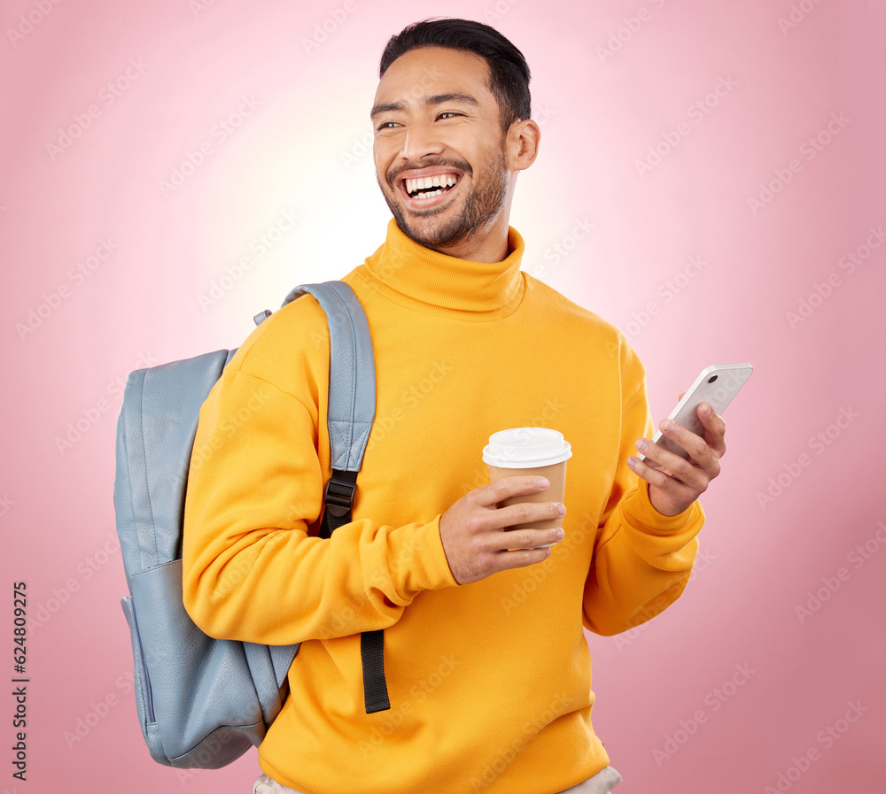 Backpack, phone and happy man or student thinking of university, college and e learning results on pink background. Scholarship, education and asian person with bag, coffee and mobile chat in studio Backpack, phone and happy man or student thinking of university, college and e learning results on pink background. Scholarship, education and asian person with bag, coffee and mobile chat in studio