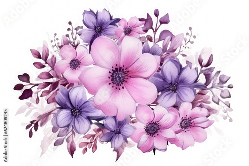 Beautiful round bouquet of purple watercolor flowers isolated on a white background. Delicate and enchanting. Generative Ai