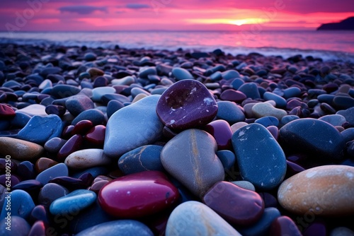Sea stones illuminated by the sunset. Serene and picturesque beach scenery. Generative AI