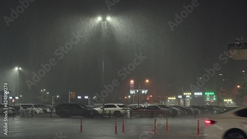 A night of heavy rain in the parking lot