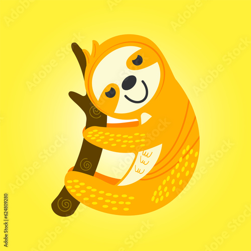 Vector illustration of a cute sloth on a tree branch. Cute, funny, illustration for kindergarten, kids, books, cartoons. Objects of education and development of children.