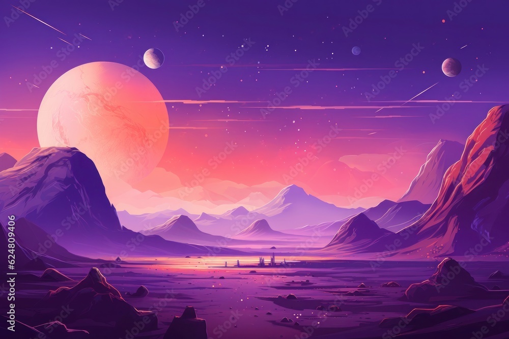 Stunning Mars purple space landscape with planets, meteors, and mountains against a starry sky. Otherworldly nature with a massive planet on the horizon. Stock illustration. Generative AI