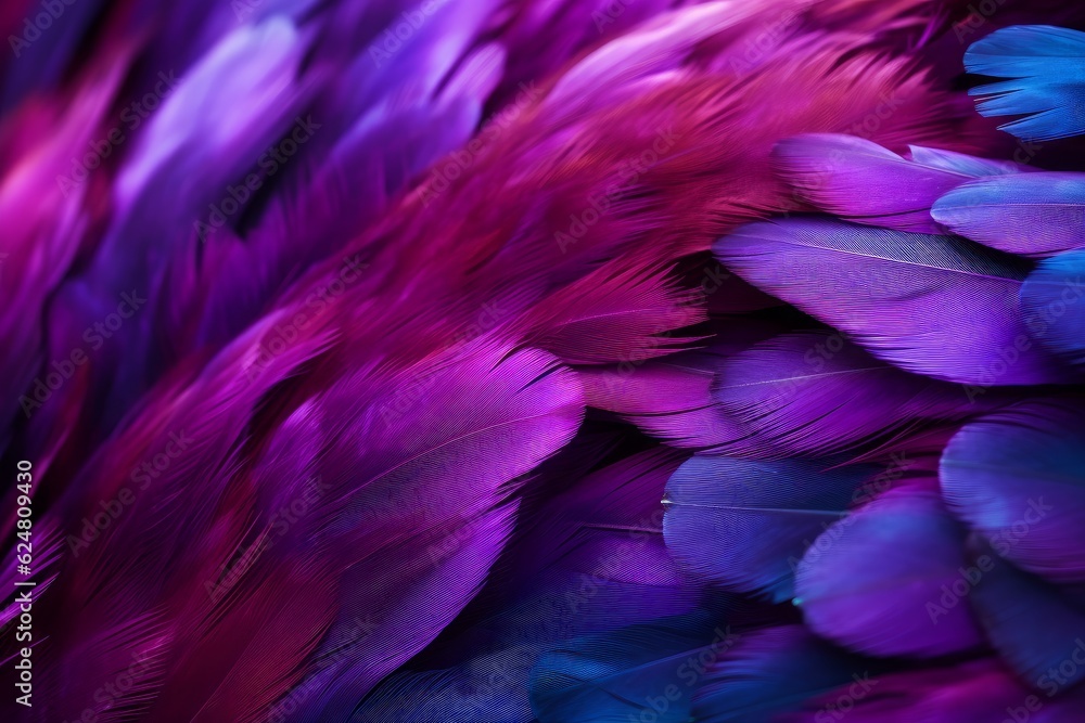 Macro photograph capturing the exquisite purple feathers of a macaw. Detailed and captivating beauty. Generative AI