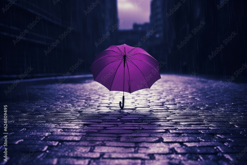 Conceptual image of a purple umbrella floating on a flooded street, symbolizing waiting for help after the rain. Symbolic and thought-provoking. Generative AI