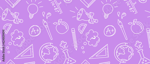 Seamless pattern with school supplies, vector drawings, background pattern for web and prints, decorations, graphic designs.