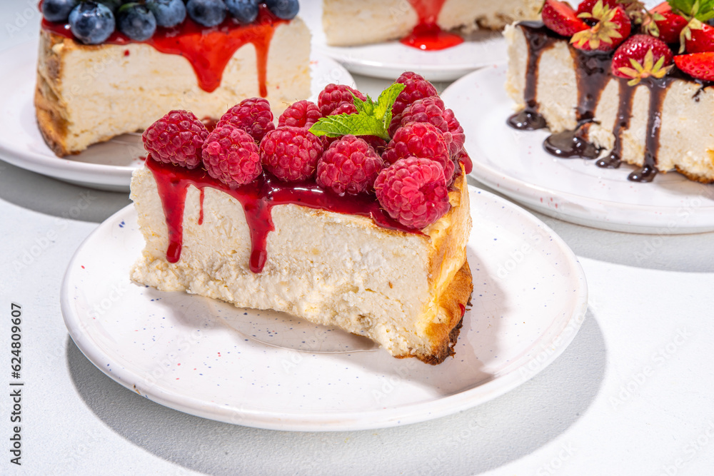 Summer cafe baking menu background, sweet cheesecake portion slices with various toppings, jam and berry fruits - strawberry, blueberry, raspberry, cherry
Summer cafe baking menu background, sweet cheesecake portion slices with various toppings, jam and berry fruits - strawberry, blueberry, raspberry, cherry