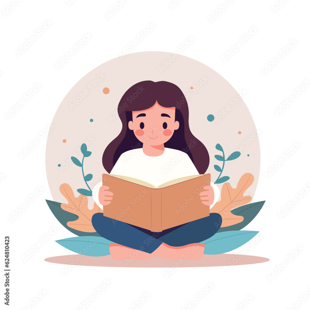 Girl reading isolated on white background. Kid girl study learning book. Vector stock Girl reading isolated on white background. Kid girl study learning book. Vector stock