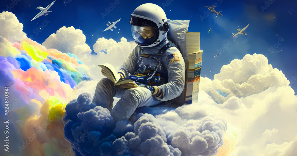 Abstract astronaut reading book on clouds