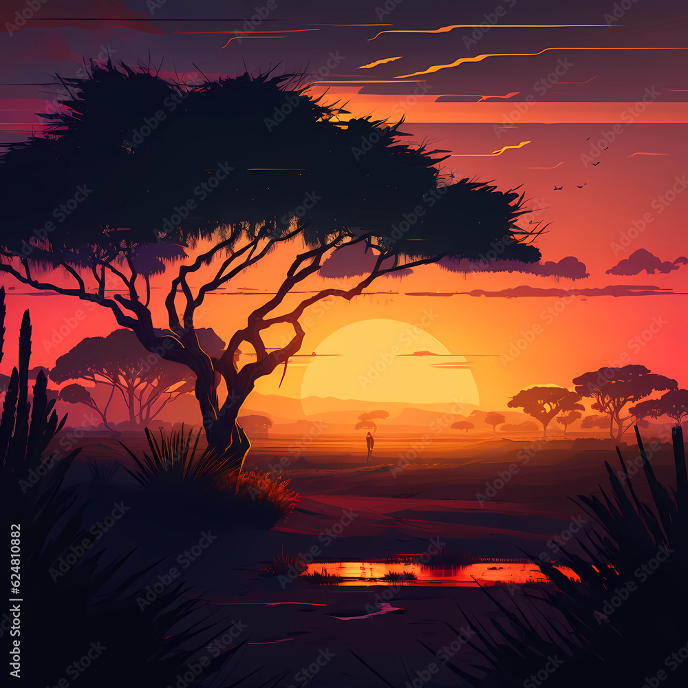 Obraz premium Savanna backdrop with beautiful sunset