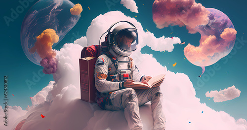 Fototapet Colorful watercolor art with cosmonaut in clouds with book