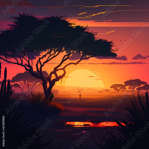 Savanna backdrop with beautiful sunset