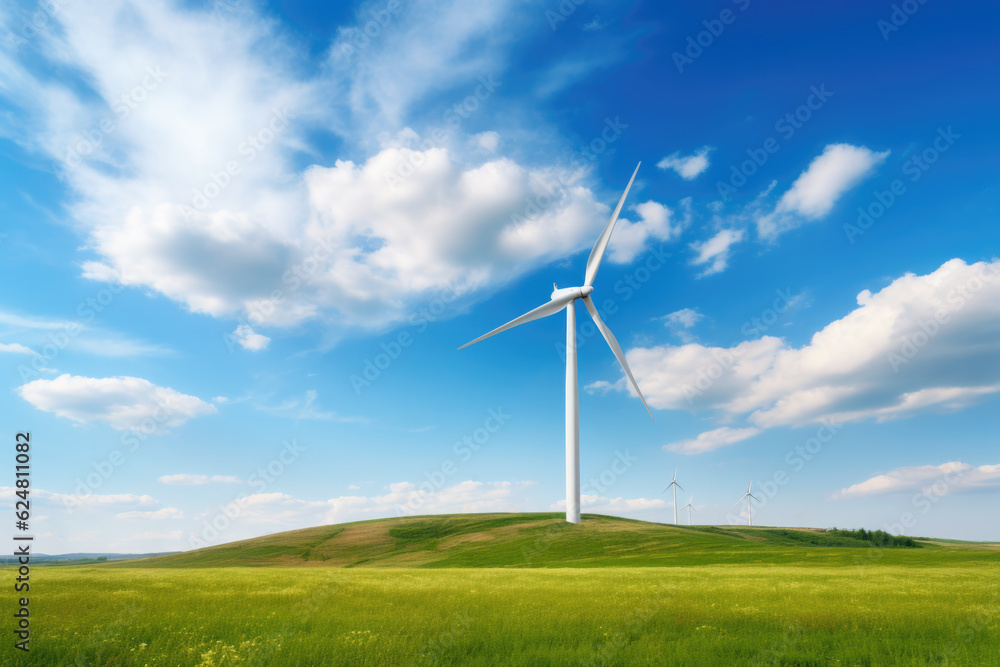 Wind turbine on field and blue sky created with Generative AI technology Wind turbine on field and blue sky created with Generative AI technology