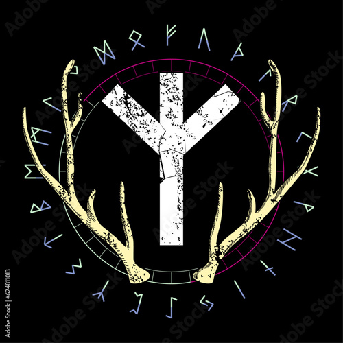 Design for a t-shirt with the runic lettering called Algiz next to elk horns. Ancient alphabet in circular design.