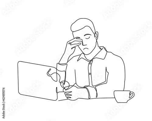 Young guy is working on a Laptop, Line art illustration. Tired character. Concept of Eye Health while working at the computer. Flat graphics, vector illustration.	