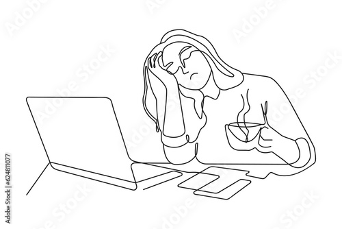 Woman is Tired of working on a Laptop, line art illustration. The girl wants to Sleep. She holds a cup of Coffee in her hands and falls Asleep. Vector linear illustration, eye health and Fatigue.