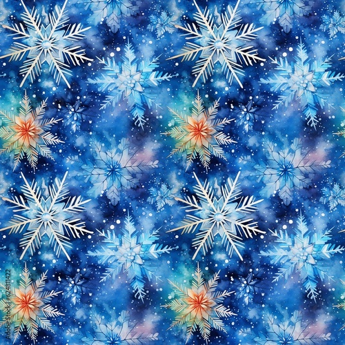 abstract seamless watercolor pattern with snowflakes on a blue background. generated ai