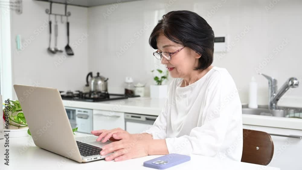 パソコンを見ながら操作する日本人女性高齢者 パソコンを見ながら操作する日本人女性高齢者