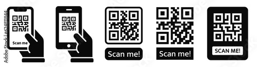 Scan QR code icon. QR code scan icon with smartphone sign. QR code for payment. QR code symbol with the inscription "scan me" - stock vector.