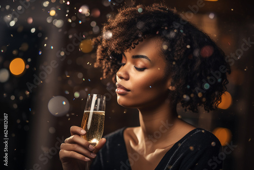 Festive afro-american woman with a glass of champaigne in a nightclub. Generative AI