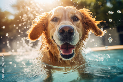 Golden retriever dog in a swimming pool, ai generated © leftmade