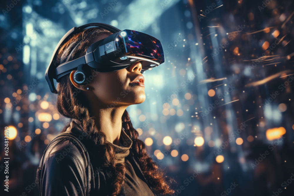 Young woman with futuristic VR headset created with generative AI technology Young woman with futuristic VR headset created with generative AI technology