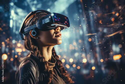 Young woman with futuristic VR headset created with generative AI technology