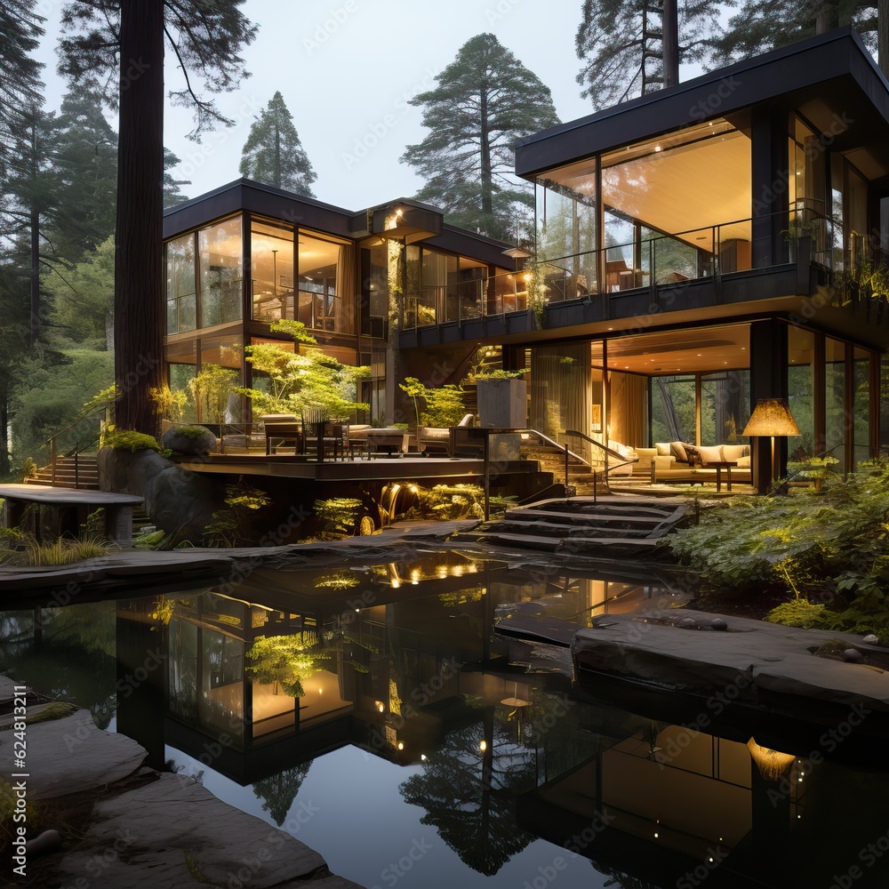 Obraz premium Breathtaking Luxury wooden home in the woods, generative ai