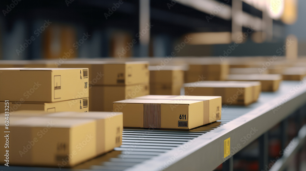 Close-up of multiple cardboard box packages moving along a conveyor belt in a warehouse Close-up of multiple cardboard box packages moving along a conveyor belt in a warehouse