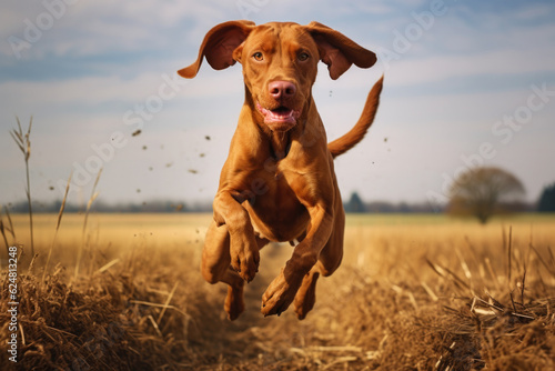 Hungarian pointer dog running in a field, ai generated