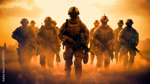 Canvas Print Several modern soldiers fully equipped facing the camera in a dusty and smoggy e