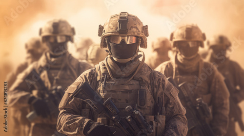 Leinwand Poster Several modern soldiers fully equipped facing the camera in a dusty and smoggy e