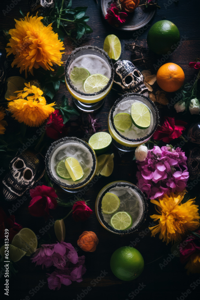 A unique mexican margarita cocktail, surrounded by peppers, limes and floral.