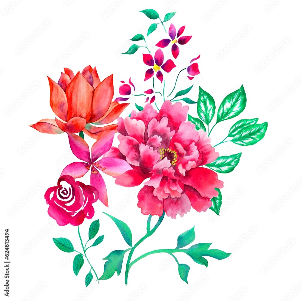 Bouquet of flowers, watercolor handmade, tropical, green leaves, pink, isolated, white background