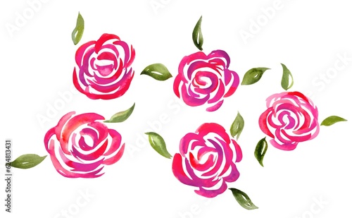 Watercoor flowers, hand made, pink romantic, isolated,white background, roses photo