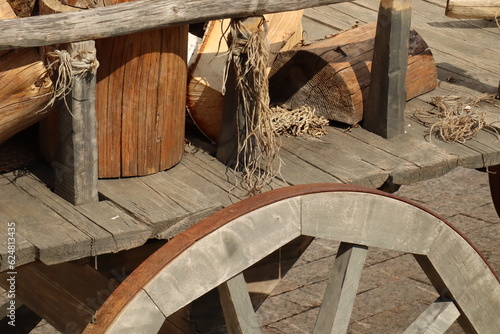 Vintage, wooden cart, handmade brown in the village