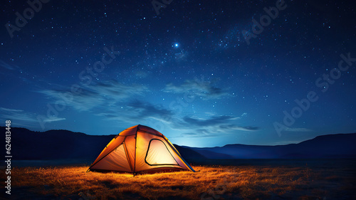Lonely tent under the starry sky, generative ai