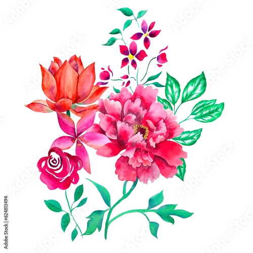 Bouquet of flowers  watercolor handmade  tropical  green leaves  pink  isolated  white background